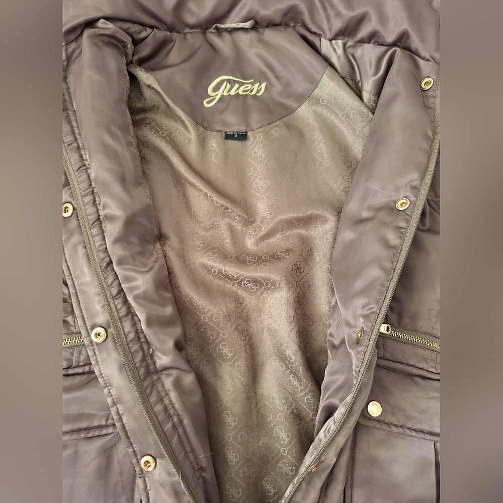 Guess Y2K Fur Hooded Long Jacket Down Puffer Utility Parka Womens XS Bronze - Picture 7 of 16